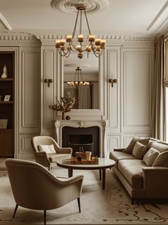 a living room filled with furniture and a fire place in the middle of a room