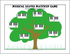 a tree with piano keys on it and the words music leaves match up game below