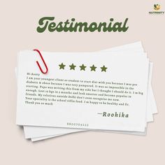 three pieces of paper with the words testimonal written on it and five stars