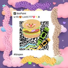 a qr code with a hamburger on it in front of some clouds and stars