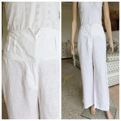 "White linen Clothing White linen pants White pants M womens linen trousers womens Pants White trousers 100% linen made in Romania height of the woman in the photo - 180 cm Please refer to photos for details of condition. Condition: very good vintage Measurements: Length: 104 cm/40.9\" Inseam: 79 cm/31.1\" Waist: 76 cm/29.9 Hips: 100 cm/39.4\" Rise: 30 cm/11.8\" TAG Size: EUR-36; UK-10 note The color on the pictures may vary due to monitor settings and light reflections. Ready to ship Please do Beige Linen High-waist Wide Leg Pants, High Waist Beige Linen Bottoms, Fitted Linen Wide Leg Summer Pants, High Waist Linen Wide Leg Pants, White High Waist Linen Wide Leg Pants, High Waist Fitted Wide Leg Linen Pants, White High-waist Linen Wide Leg Pants, High-waisted White Linen Wide Leg Pants, Fitted High Waist Linen Wide Leg Pants