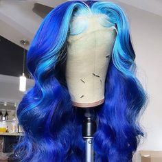 Ombre Blue Lace Front Wig 100% Real Human Hair Wavy Wigs Blue Lace Front Wig, Colorful Wig, Frontal Wig Hairstyles, Wavy Wigs, Ombre Hair Color