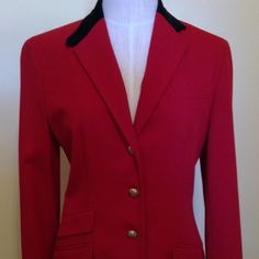 Lauren Riding Jacket. Flattering At Waist, Near Perfect Condition!! Only Worn A Few Times. All Brass Buttons In Perfect Condition. Small Pull On Lapel (Photo). Velvet Trim In Perfect Condition, This Blazer Has No Signs Of Wear, And No Stains! Color Is Deep Red And Perfect For Upcoming Holidays. I Wore This Jacket With Black Velvet Leggings. Large Fit Sz 6 Length From Shoulder To Bottom Is 29" (Measured On The Form) Measurement From Armpit To Armpit Is 19 Inches. Bc It's Vinatge My Price Is Firm! Classic Fall Riding Outerwear, Classic Winter Riding Outerwear, Black Velvet Leggings, Riding Jacket, Brass Buttons, Velvet Leggings, Velvet Trim, Jacket Blazer, Vintage Colors