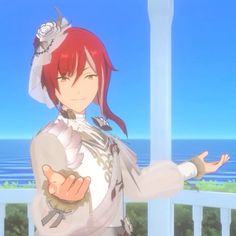 a woman with red hair wearing a white dress and holding her hands out to the side