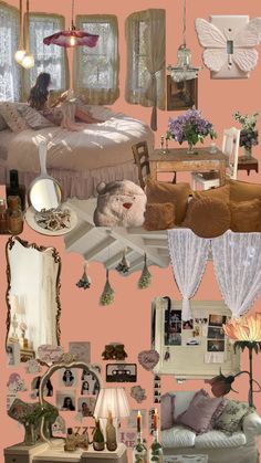 a collage of photos with pink walls and furniture