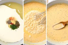 three images showing how to make an egg mixture