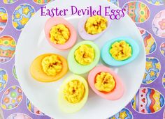 an image of some deviled eggs on a plate with the words easter deviled eggs