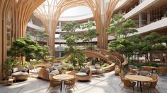 the lobby is filled with wooden furniture and greenery on both sides of the atrium