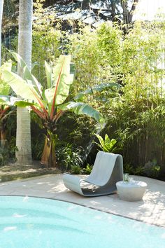 an outdoor swimming pool surrounded by greenery and trees with a lounge chair next to it