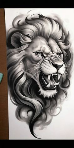 a drawing of a lion with its mouth open