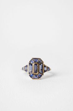 June Rings | Dusk || Sapphire Gold Art Deco Sapphire Ring, Art Deco Gold Sapphire Jewelry, Gold Faceted Sapphire Ring, Vintage Emerald-cut Sapphire Jewelry, Vintage Sapphire Emerald-cut Jewelry, June Rings, Jewelry Lookbook, Cornflower Blue, Natural Sapphire