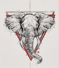 an elephant's head is shown with triangles in the background and on top of it