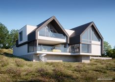 this is an artist's rendering of a modern house on a hill with trees in the background