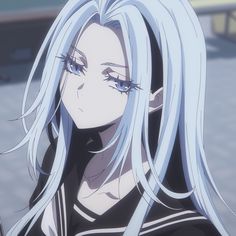 an anime character with long white hair and blue eyes looking at something in the distance