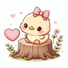 a cute little bird sitting on top of a tree stump with a heart in the background