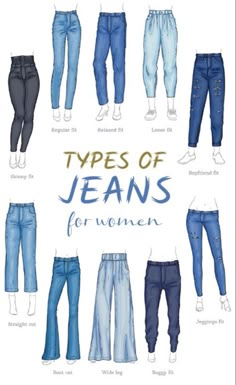 the types of jeans for women are shown in different colors and sizes, including blue