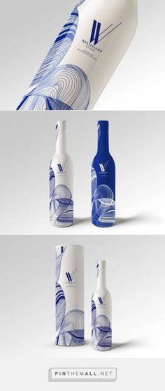 three bottles with different designs on them, one is blue and the other is white