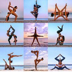 a woman doing yoga poses on the beach