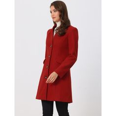 This coat is spun from soft fabric and fully lined, which is comfortable for all-day wear with big slant pockets. Pair beautifully with a range of outfits to finish your effortlessly stylish look, from top and bottom to dress. Slip into this coat on your way to work during cold mornings or add it as a comfortable layer to your everyday t-shirt and jeans. Red Outerwear With Stand Collar And Button Closure, Wool Outerwear For Work In Solid Color, Classic Outerwear For Work, Classic Red Outerwear With Hidden Button Closure, Red Classic Outerwear With Hidden Button Closure, Red Stand Collar Blazer For Winter, Classic Red Fall Outerwear, Classic Red Pea Coat For Work, Classic Red Outerwear For Fall