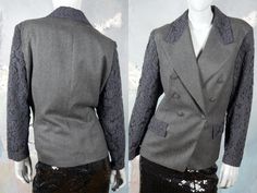 This 1990s European vintage gray double-breasted wool blazer has wool lace peak lapels and long wool lace sleeves. The stunning jacket closes in the front with one button (six in total show on the front). The high-quality blazer has two lace faux flap pockets on the front and figure-enhancing contour lines on the back. The jacket is lined in a black acetate fabric. Brand label: Jean Claire Size: 14 US, 18 UK (see exact measurements below) Material label: 100% Pure New Wool --- M E A S U R E M E Contour Lines, Elegant Jacket, Gray Blazer, Vintage Clothes Women, Vintage Clothing Online, Brand Label, Grey Blazer, European Vintage, Womens Blazers