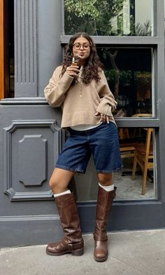 Tan Boots Fall Outfit, Sandra Bullock While You Were Sleeping Outfits, Styling Moccasins Outfits, Short Red Boots Outfit, Boot Shorts Outfit, Astor Boots Outfit, Jorts Fall Fit, Mid Rise Boots Outfit, Tall Moto Boots Outfit