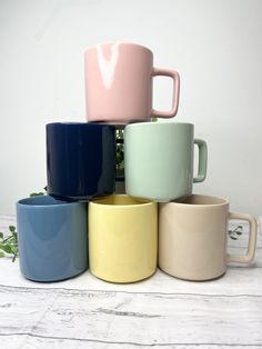 five different colored coffee mugs stacked on top of each other in front of a plant