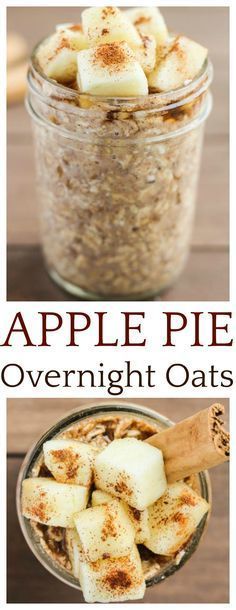 apple pie overnight oats in a glass jar with cinnamon on top and an image of apples