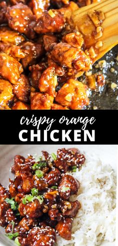 chicken and rice in a bowl with chopsticks on the side, and text overlay that reads crispy orange chicken