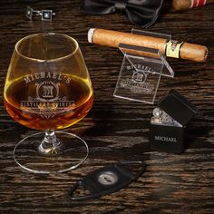 Enjoying your favorite cigars will never be better than when you’re using this customized cognac and cigar gift set. This amazing set contains a cognac glass, cigar stand, velour bag, cigar cutter, and a lighter. The cognac glass and cigar stand are engraved with a name, initial, and a phrase, and there’s an option to add a line of text on the lighter as well. After a long day at work, you’ll love nothing more than to relax with a glass of delicious cognac and a stogie. It’s also the perfect set Don Pedro, Velour Bag, Whiskey Lover Gifts, Creative Christmas Gifts, Personalized Whiskey, Whiskey Gifts, Cigars And Whiskey, Glassware Set, Grandpa Gifts