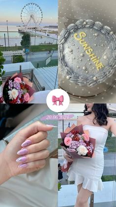 a collage of photos with flowers and a woman in white dress holding a bouquet