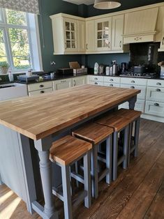 a kitchen island with two stools in front of it