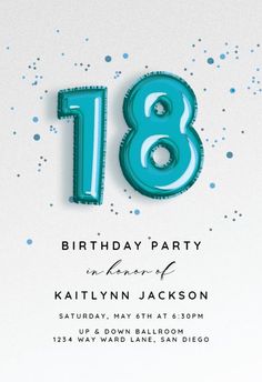 a birthday party with blue balloons and confetti on the bottom, is shown