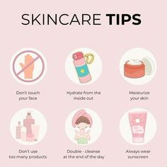 ✨ Skincare Basics You Shouldn’t Miss ✨  1️⃣ Don’t touch your face – keep bacteria at bay!   2️⃣ Hydrate from the inside out – drink plenty of water!   3️⃣ Moisturize your skin – keep it soft and glowing!   4️⃣ Don’t use too many products – simplicity is key!   5️⃣ Double cleanse at the end of the day – say goodbye to impurities!   6️⃣ Always wear sunscreen – protect your skin from harmful UV rays!    Take care of your skin, it’s with you for life! 💖   #skincaretips #healthyskin #glowingskin #skincareroutine #hydration #moisturize #doublecleanse #sunscreeneveryday #skincareessentials #clearskin #selfcare #beautytips #skincarebasic Skincare Basics, Double Cleanse, Take Care Of Your Skin, Drink Plenty Of Water, Wear Sunscreen, Skincare Tips, Touching You, Skin Care Essentials, Take Care Of Yourself