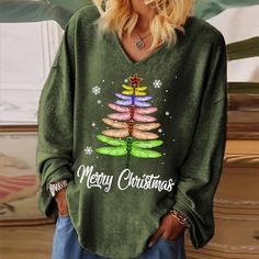 Product Name Merry Christmas Printed V-neck Women's T-shirt SPU 10212461 Gender Women Occasion Casual Material Cotton Blend Please Note: All dimensions are measured manually with a deviation of 1 to 3CM      SIZE BUST SLEEVE LENGTH IN CM IN CM IN CM S 47.2  120 19.3  49 28.3  72 M 48.8  124 19.7  50 28.7  73 L 50.4  128 20.1  51 29.1  74 XL 52.0  132 20.5  52 29.5  75 2XL 53.5  136 20.9  53 29.9  76 3XL 55.1  140 21.3  54 30.3  77 4XL 56.7  144 21.7  55 30.7  78 5XL 58.3  148 22.0  56 31.1  79 Weekend Festival, Sweatshirt Oversized, Winter Comfort, Christmas Tops, Dark Olive Green, Green Top, Green Print, Green Tops, Tree Print