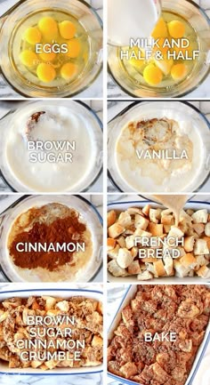 the steps to make an easy dessert recipe for breakfast or brunch with eggs, brown sugar and cinnamon crumbles