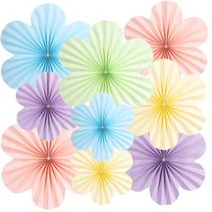 many different colored paper fans on a white background