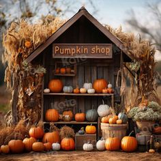 pumpkins and gourds are on display in front of a wooden shed with the word pumpkin shop above it