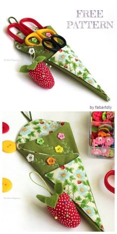 two pictures with scissors and some fabric on the same side, one is made to look like an origami strawberry