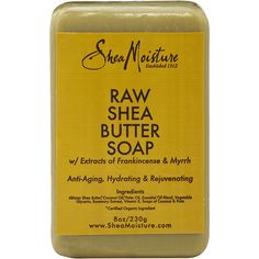 Shea Moisture Raw Shea Butter Soap offers every day gentle cleansing while hydrating the skin from deep within. This is no ordinary bar soap. Made with all organic, gentle, raw Shea Butter that loves your skin, this hydrating bar soap cleanses, energizes and moisturizes dry skin to give it the TLC it needs. Raw Shea Butter - deeply moisturizes and repairs skin with vitamins and essential fatty acids Frankincense Myrrh - anti-inflammatory properties help calm, heal and revitalize dull-looking ski Shea Moisture Raw Shea Butter, Shea Butter Face, Shea Butter Benefits, Homemade Moisturizer, Butter Bar, Shea Moisture, Raw Shea Butter, Frankincense Myrrh, Shea Butter Soap