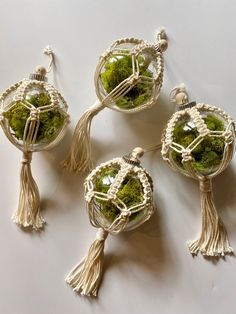 four ornaments with green moss and tassels on them sitting on a white surface