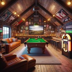 a billiard's room with couches, chairs and a pool table in it