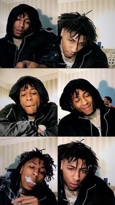 multiple shots of a young man with dreadlocks on his face and in the hoodie