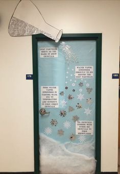 an open door decorated with snowflakes and writing on it in a room filled with pictures