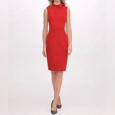 Never Worn. In Excellent Condition. Bright Red Sheath Dress With Pretty Ribbon Neckline Detail The Streamlined Shape Of This Maggy London Sheath Is Lightened With A Bow And The Neckline And Brightened With A Hidden Red Back Zipper. Similar To Calvin Klein Women’s Bow Neck Sheath Dress Approx. 38-1/2 Long From Center Back Neck To Hem. Length Varies 1/4 Between Sizes Tailored Fit Through The Chest Waist And Hips; Sits Close To The Body Scuba Crepe; Supportive Mock Neck With Bow Detail; Sheath Silh Red Midi Length Bodycon Dress For Office, Red Midi Bodycon Office Dress, Red Midi Bodycon Dress For Office, Fitted Red Mini Dress For Office, Red Fitted Mini Dress For Office, Fitted Red Bodycon Dress For Office, Red Knee-length Bodycon Dress For Work, Red Bodycon Mini Dress For Formal Occasions, Red Bodycon Dress For The Office