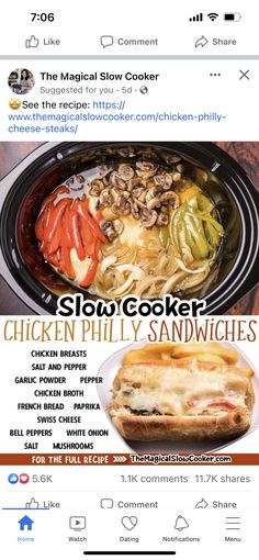 an instagram page for slow cooker chicken philly sandwiches