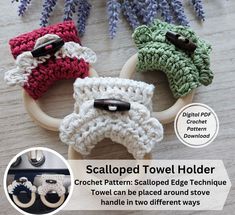 Scalloped Kitchen Towel Holder is a unique ribbing pattern that is super easy to make. This kitchen towel adds such a cute touch to any style kitchen. They make great housewarming gifts, Christmas gifts/stocking stuffers, and great basket gift add ons.  Digital Pattern comes with 2 PDF file (printable and standard version) * 20 pages of step by step instructions * Over 50 photos with clear annotations * Advanced Beginner-Intermediate Level Pattern Materials needed for Pattern: Worsted size 4 med Crochet Dish Towel Holder, Crochet Towel Holder Free Pattern, Towel Holder Crochet, Crochet Towel Holder, Tea Towel Holder, Towel Holder Diy, Crochet Dish Towels, Kitchen Pattern