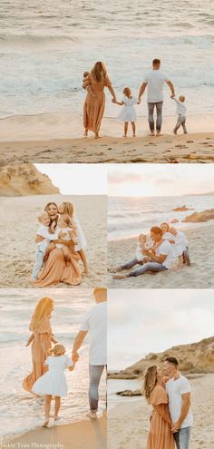 family photos on the beach at sunset with parents and children in orange dresses, holding hands