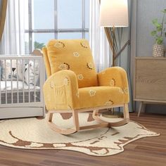 a baby's rocking chair in the corner of a room with a large window