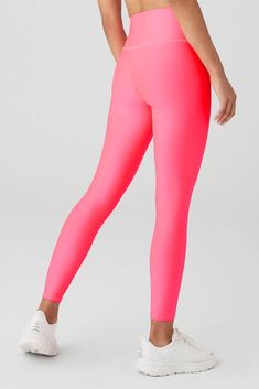 The 7/8 High-Waist Airlift Legging - Fluorescent Pink Coral is a key Instagram wardrobe essential. Featuring body-hugging, high-compression Airlift fabric with a subtle sheen, these leggings sculpt and smooth any problem areas. A wide, double-layered waistband ensures a comfortable fit that holds you in for flattering photos. Perfect for petites or an above-the-ankle look, the 7/8 length hem flatters any height. In eye-catching Fluorescent Pink Coral, you'll want to wear these stylish leggings o Key Instagram, Stylish Leggings, Back Women, Pink Coral, Hot Yoga, On Repeat, Alo Yoga, Bra Tops, Wardrobe Essentials