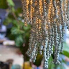 beads hanging from a chandelier in a room with green plants and other items